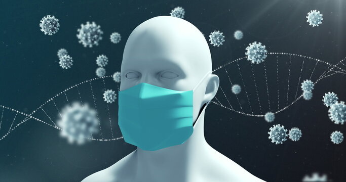 Image of rotating DNA strand and Covid 19 cells spreading over model of human head wearing face mask - Powered by Adobe