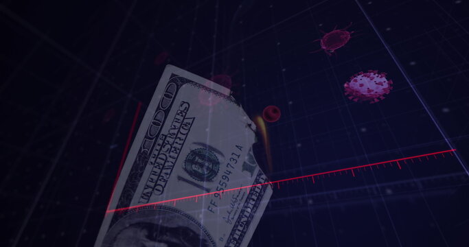 Digital image depicts Covid-19 impact on economy with graphs and virus cells.