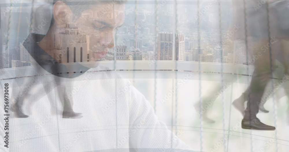 Poster image of man working on laptop over sped up commuters walking in modern building