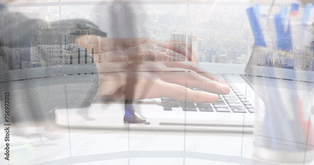 Poster image of hands working on laptop over sped up commuters walking in modern building