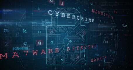 Image of digital interface with security padlock over dark background