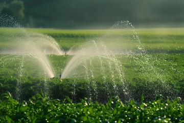 agricultural irrigation as sprinklers nourishes the fertile farmland in background of beautiful sunset sky. Agriculture concept of industry and production.