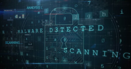 Image of digital interface with security padlock over dark background