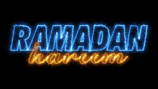 Ramadan kareem blue and orange neon color on transparent background, alpha channel, Ramadan decoration lettering