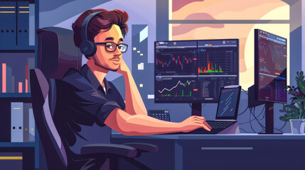 Trader dealing with dynamic data analysis and market analytics in a high pressure environment