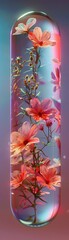 Thick, two-tone frosted glass pill with submerged flowers and plants, glowing dimly against a vibrant abstract background