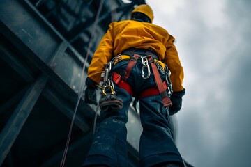 Work on high-altitude equipment. Fall arrest device for worker with safety belt hooks