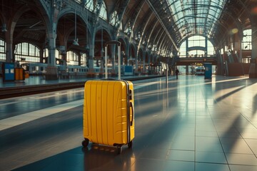 yellow suitcase forgotten on the platform of a large train station at sunset or sunrise