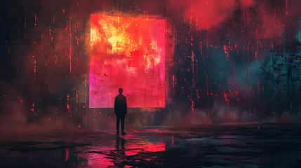 Cercles muraux Bordeaux A lone figure stands before a massive, enigmatic glowing portal amidst a rain-soaked dystopian landscape, suggesting a narrative of discovery or challenge. 