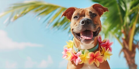 Stylish dog with hawaiian costume on tropical sea and beach blurred background. Summer festive...