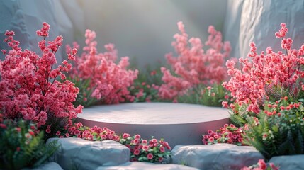 Stone pedestal wall with pink flowers modern background for Product display design, minimal mockup