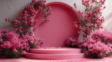 Fototapeta na wymiar Stone pedestal wall with pink flowers modern background for Product display design, minimal mockup
