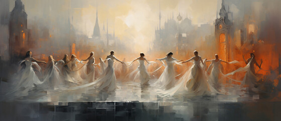 Contemporary dancers in a Victorian cityscape on canvas.