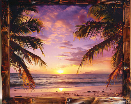 Tropical palm trees framing a sunset beach scene, evoking a sense of paradise and relaxation.