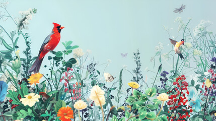 A Serene Digital Garden with Pixelated Birds and Flowers, Peaceful Nature Scene for Relaxation and Meditation, Generative AI

