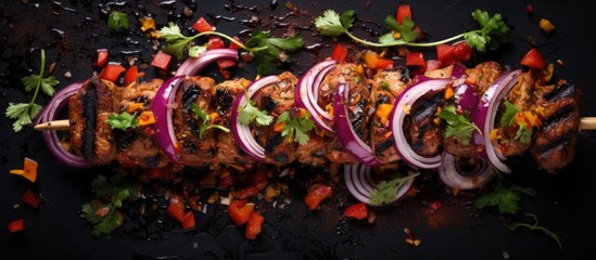 An artistic closeup of a skewer of meat and vegetables arranged on a table, resembling a fictional character with vibrant magenta petals, creating a visual feast for the eyes