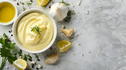 Basic French Sauce Bearnaise in a White Bowl with Fresh Herbs Garnish, Traditional Culinary Ingredient for Gourmet Cooking, Generative AI

