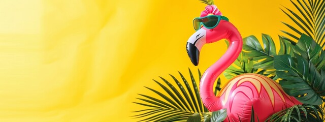 Inflatable flamingo banner hawaiian style with copyspace on yellow background. Summer vacation, Summer time - obrazy, fototapety, plakaty