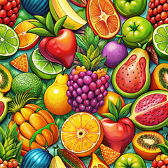 Fruits seamless pattern, graphic, vector. Fresh fruit seamless texture vector graphic for vibrant illustrations. Perfect for patterns and backgrounds!