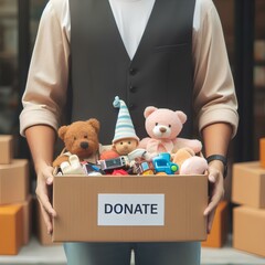 Close up of a man with a cardboard box full of toys to donate.