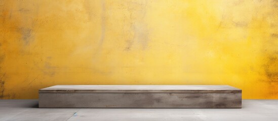 A rectangular wooden podium stands on the hardwood floor in front of a vibrant yellow wall, creating a striking contrast of tints and shades. A horizon painting hangs above the art display