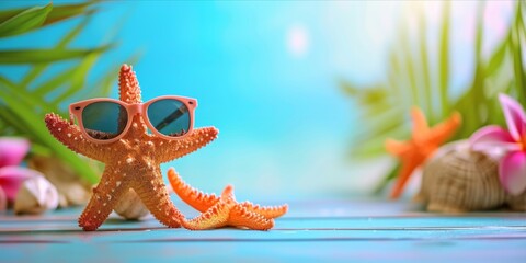 Fototapeta na wymiar Stylish starfish hawaiian style on tropical sea and beach blurred background. Summer festive time, Happy vacation