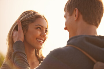 Couple, touch and looking outdoors on travel, love and together on vacation or holiday. Happy...