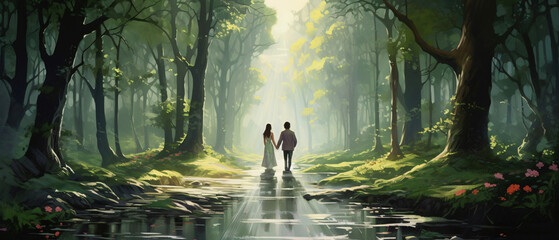 Couple walking in beautiful place, walkway in forest.