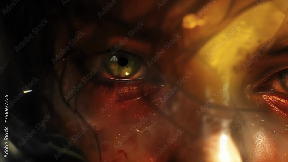 Poster a closeup of a virtual characters face showing their determination and focus as they prepare for the