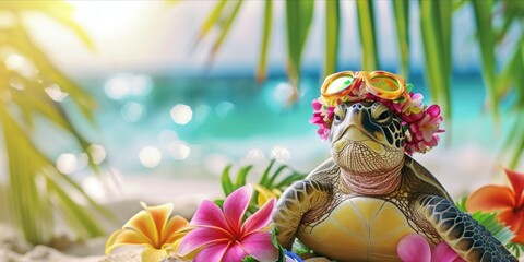 Naklejka premium Turtle with sunglasses hawaiian style on tropical sea and beach blurred background. Summer festive time, Happy vacation