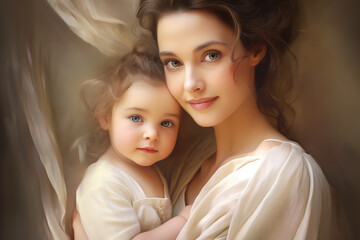Beautiful mother with her daughter on a light background. The concept of motherhood and family values. Beautiful mother with her daughter on a brown background. Happy family.