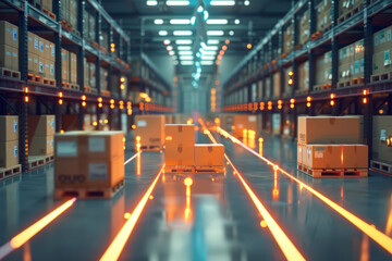 Futuristic Warehouse with Automated Storage and Retrieval System, High-Tech Distribution Facility - obrazy, fototapety, plakaty