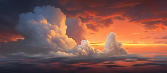 Foto op Canvas A stunning natural landscape painting depicting a sunset with vibrant red and orange hues, scattered cumulus clouds in the sky, and a peaceful afterglow as dusk approaches © AkuAku