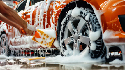 Hand washing an orange car with soap and sponge, capturing the act of automotive maintenance - obrazy, fototapety, plakaty