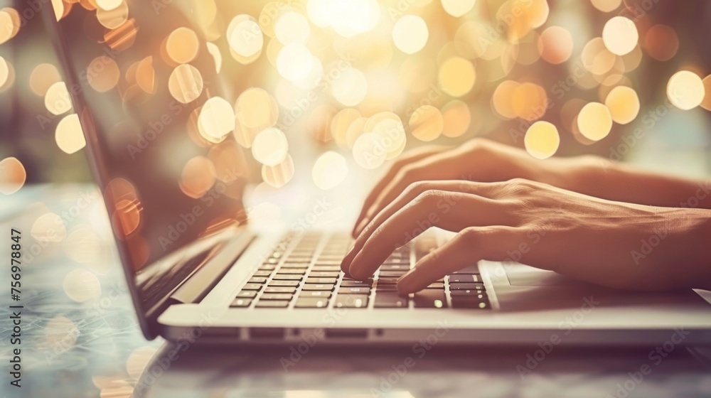 Poster person typing on a laptop with warm bokeh light creating a cozy atmosphere for productivity.