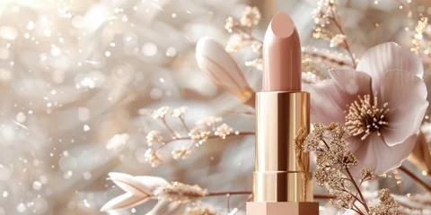 Fotobehang A luxurious nude lipstick showcased amidst sparkling golden flowers on a dreamy background. © tashechka
