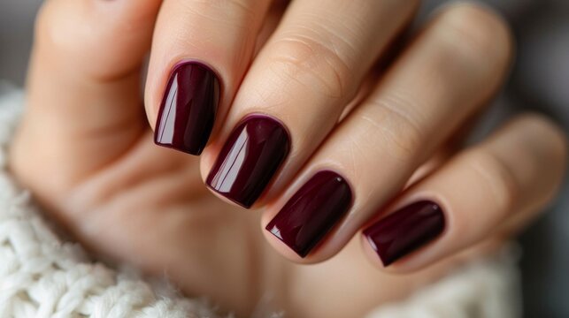 Close-up of perfectly manicured hands with glossy burgundy nail polish, symbolizing elegance.