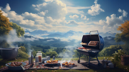 Grilled meat on barbecue grill in the nature. Cooking food on a campfire in the mountains. Picnic in nature. Barbecue with meat and vegetables