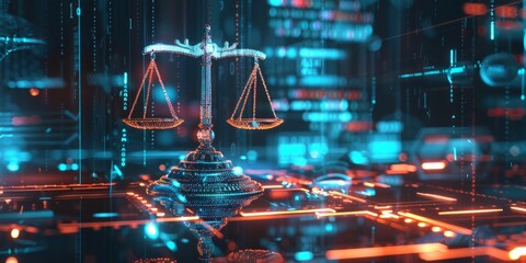 Futuristic digital representation of the scales of justice, symbolizing law and order in the age of technology. - obrazy, fototapety, plakaty