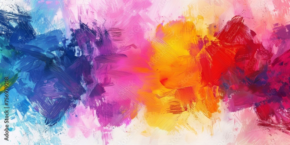Poster vivid acrylic paint brush strokes create a dynamic abstract explosion of color on canvas.