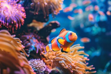 Naklejka na ściany i meble Beautiful clown fish in anemones on the background