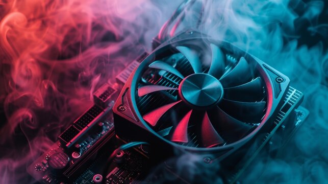Close-up of a graphic card enveloped in dynamic red and blue smoke, illustrating overheating or intense usage.