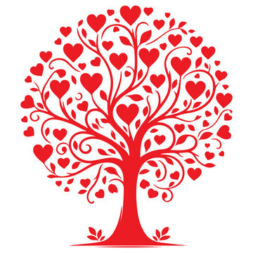 red love tree with heart leaves. hand draw Valentine day tree silhouette clip art isolated on white background, vector illustration