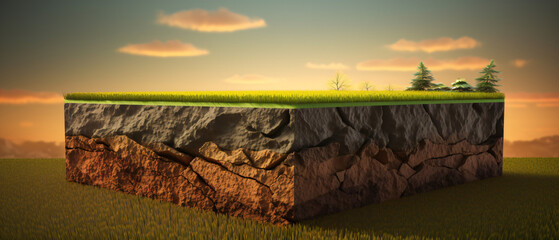 Cubical soil land geology cross section with green grass