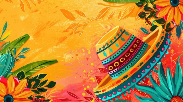 Vibrant Cinco de Mayo background with colorful sombreros and tropical flowers on an orange backdrop. Ideal for celebration themes and cultural events.