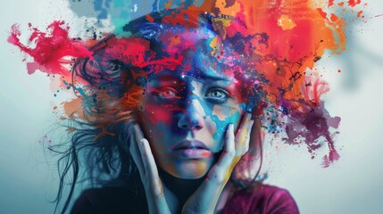 A vibrant digital painting of a woman with her face merging into splashes of colorful paint, evoking emotions and creativity.