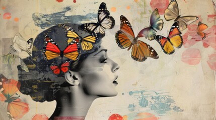 Portrait collage of a woman surrounded by a flurry of butterflies, symbolizing transformation and beauty in a vintage-style collage.