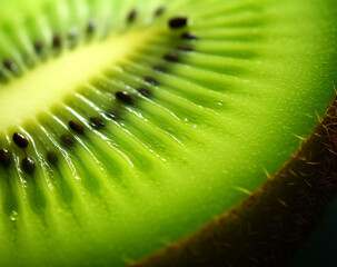 Close-up of a slice of kiwi with a drop of water or juice on a blurry green background, macro photography. Fruit background