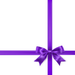 Violet ribbon bow knot as design element for holidays design, gift boxes, purple satin warping decor realistic vector illustration