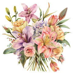 watercolor bouquet featuring classic rose Lily Tulips in various colors and transparent background
